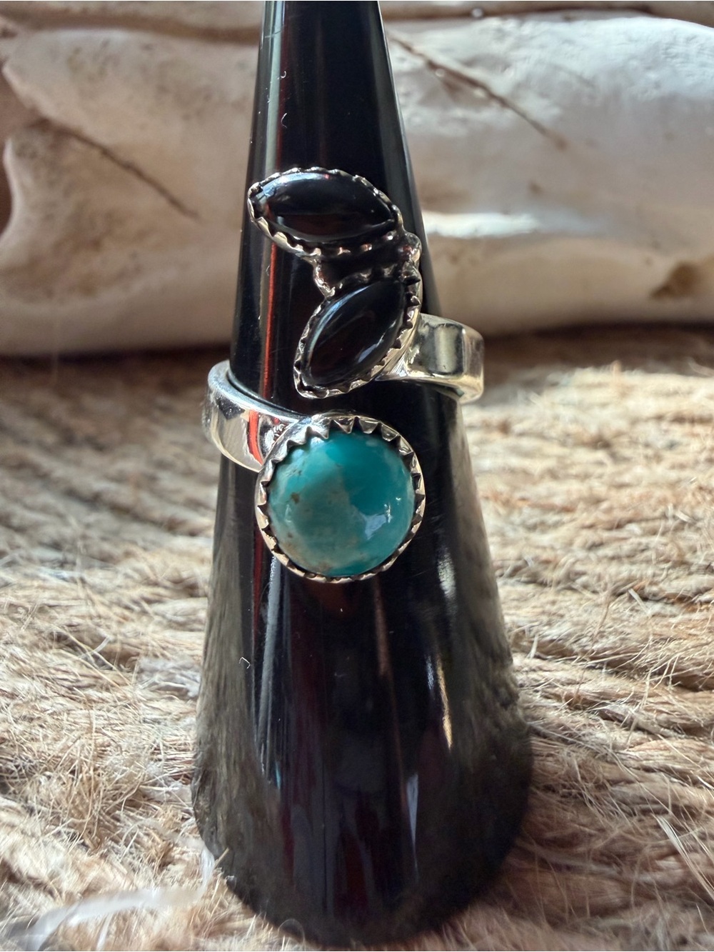 Sterling Silver Turquoise and Black Onyx Stone Bypass Ring - Women's Jewelry